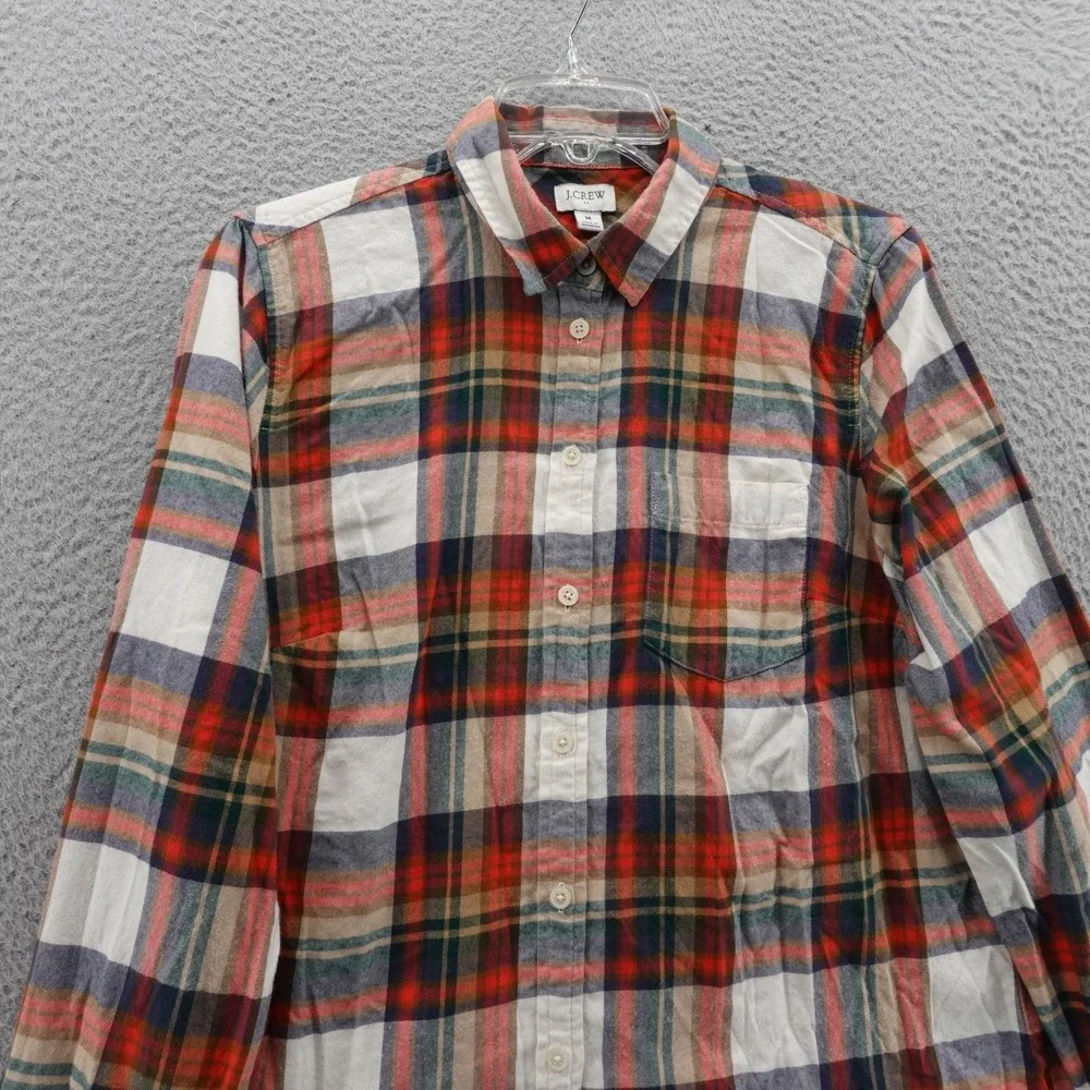 J‎ Crew Flannel Shirt Plaid Button Up Medium Red Navy Beige Mens Casual Cotton